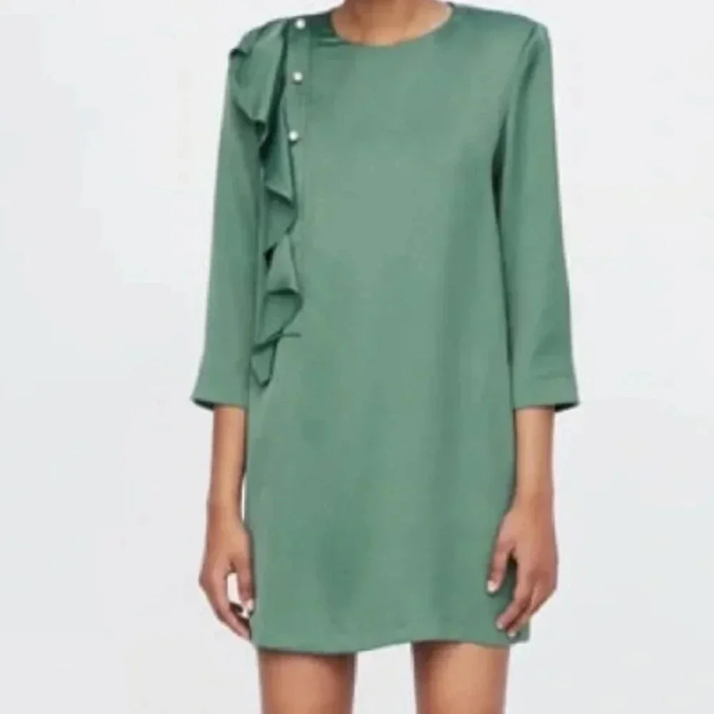 Zara Green Mini Dress with Ruffle Detail - Picture 1 of 10